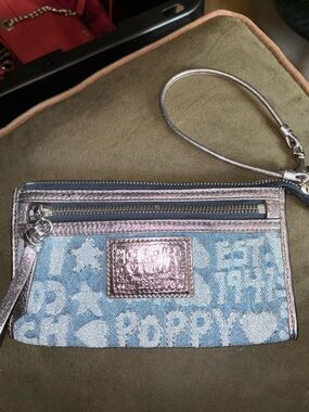 Betsey Johnson Light Blue Denim Wristlet with Metallic Pink Trim